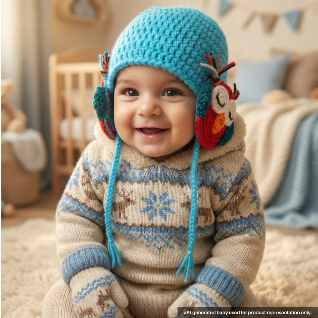 Handmade Woollen Cap with Double Warmer Owl Earflaps