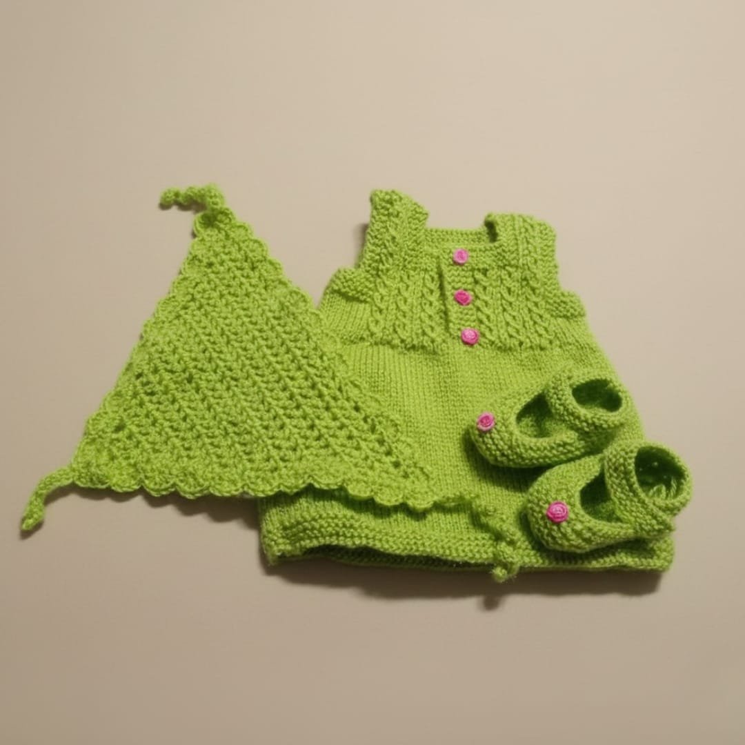 Hand-knitted Woollen Wear for Newborn Baby Girl - Set of 3