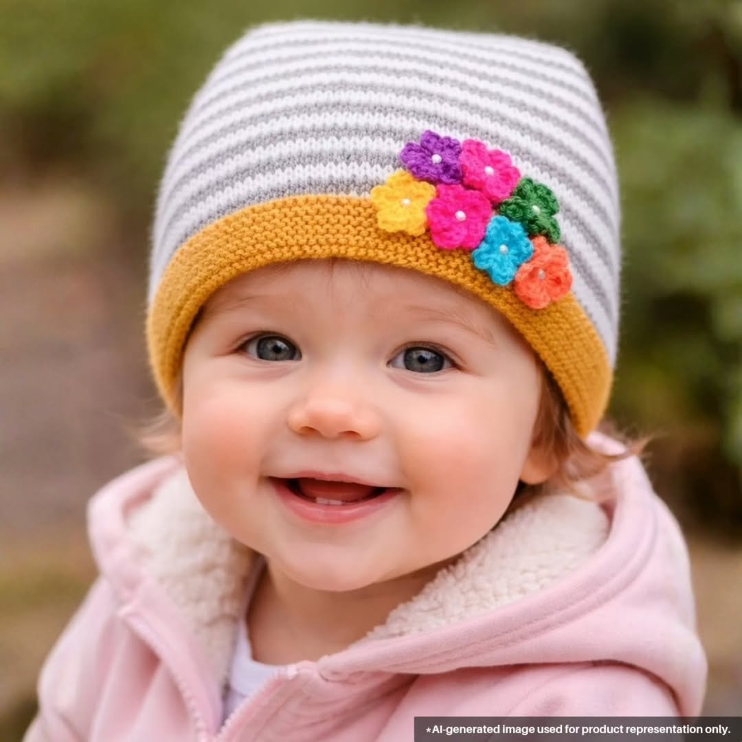 Hand Knitted Woollen Baby Cap with Crochet Flowers